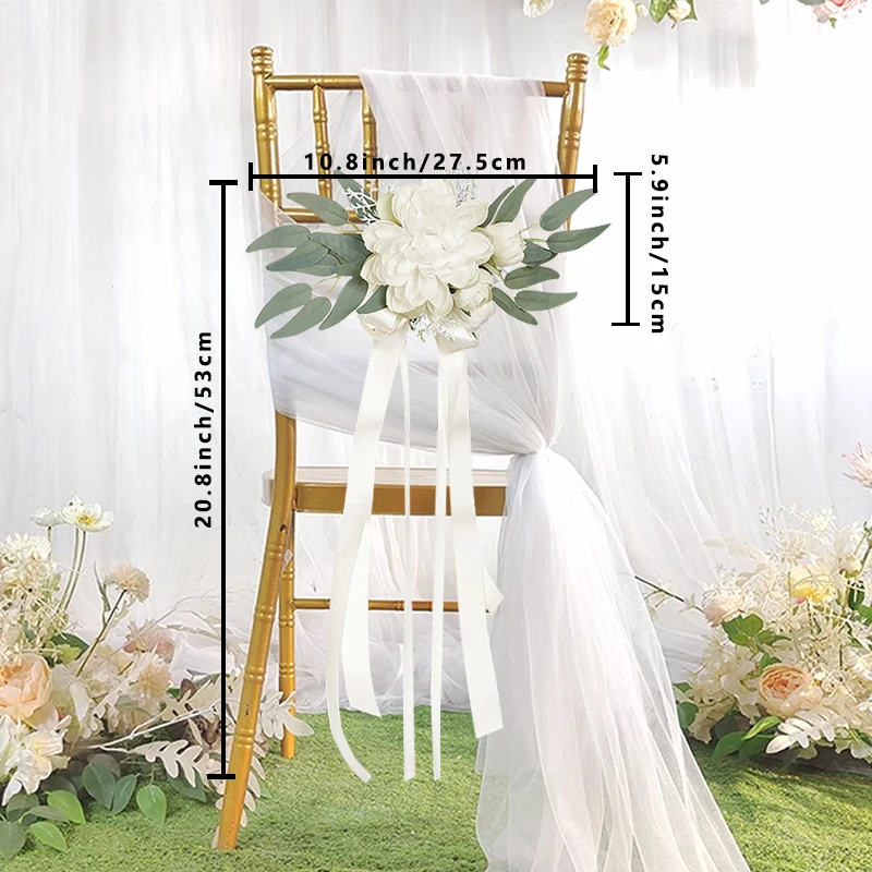 1PC Wedding Chair Back Flower Simulation Water Lily Willow Leaf Corridor Decoration Flower Chiffon Ribbon White Flowers