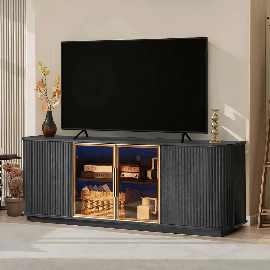 64 Fluted TV Stand for TVs up to 75 Inch Modern Entertainment Center with Aluminum Door Framed Tempered Glass Door and Color-Ad
