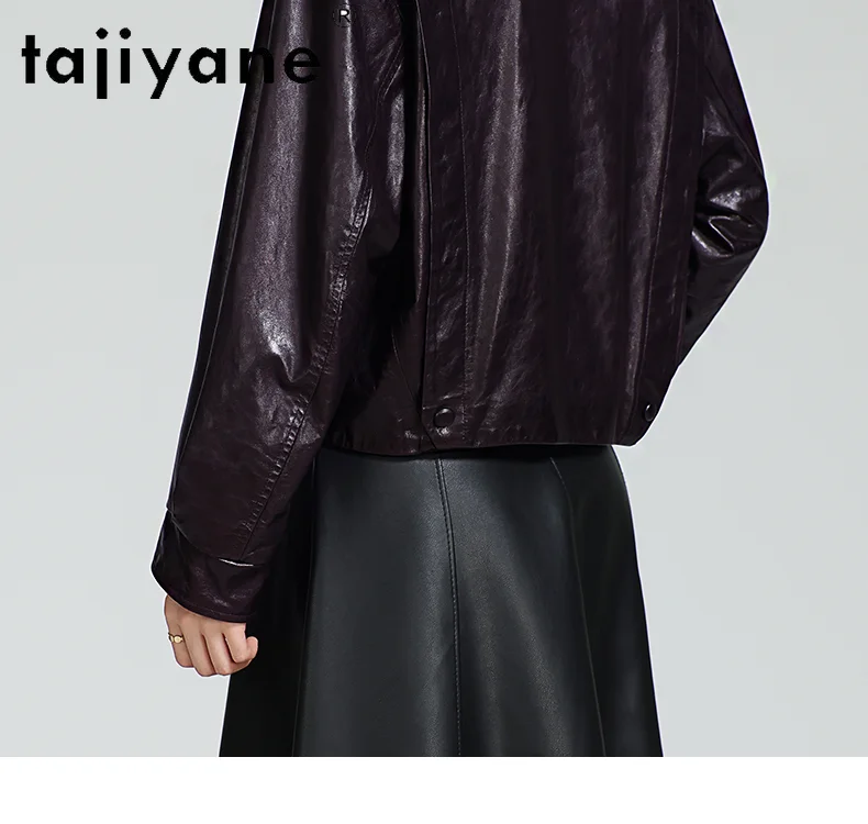 เสื้อแจ็คเก็ตหนังแกะแท้ 100% ยี่ห้อ TAJIYANE สำหรับผู้หญิง สีม่วงเก๋ไก๋ ทรงสั้น แจ็คเก็ตหนังแท้ คอลเลคชั่นฤดูใบไม้ร่วง 2025 เสื้อผ้าผู้หญิง