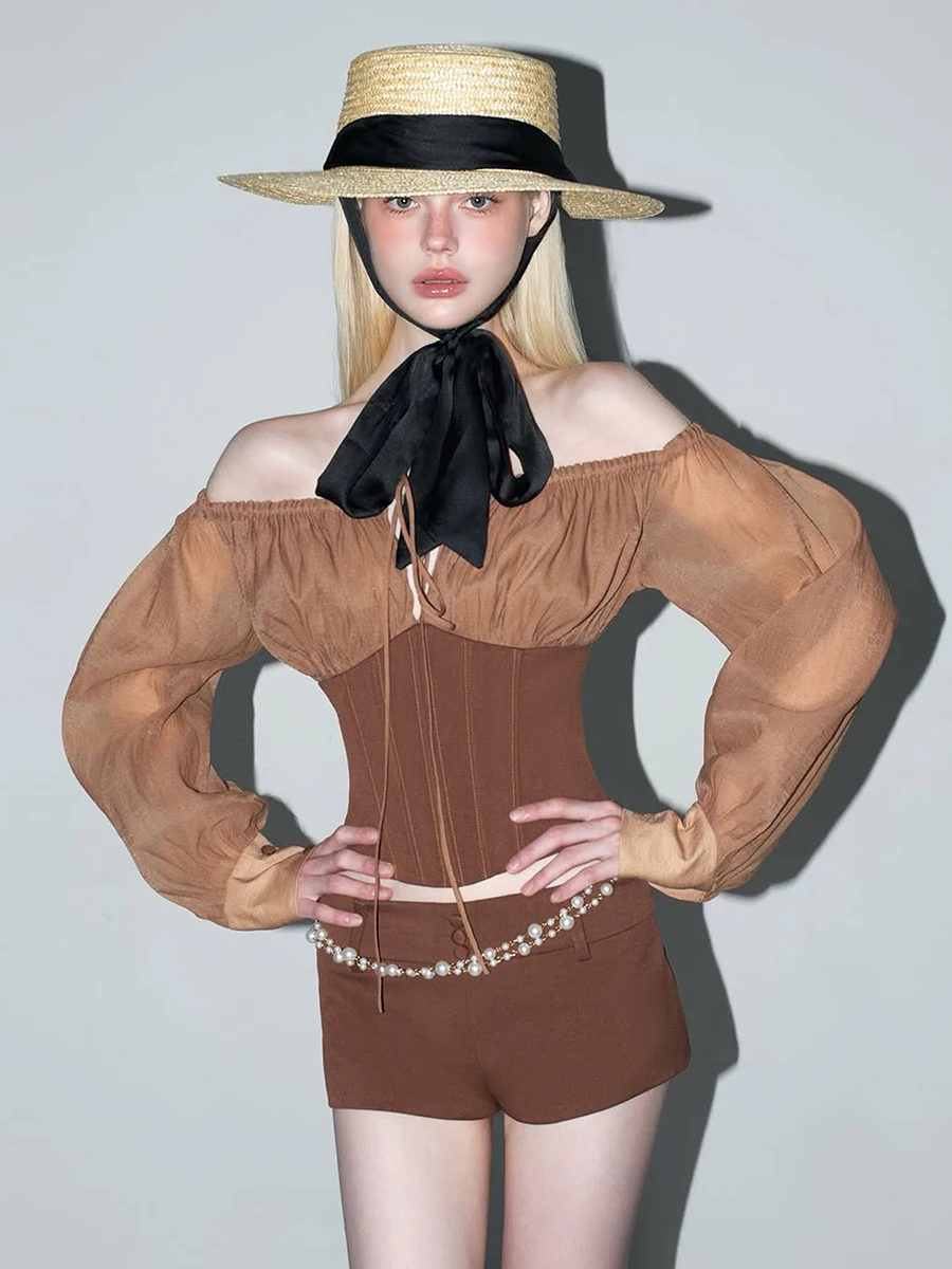 غريب سنور الرجعية الريف Sle oulder Bared Lantern Sve تي شيرت المرأة Faionable الخصر مقصوص حار #1