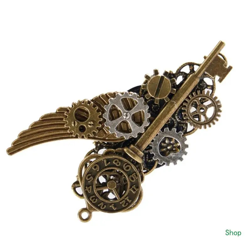 Dropship Metallic Wing Gear Key Hairpin Lapel Pin Steampunk Hair Clip for Bangs