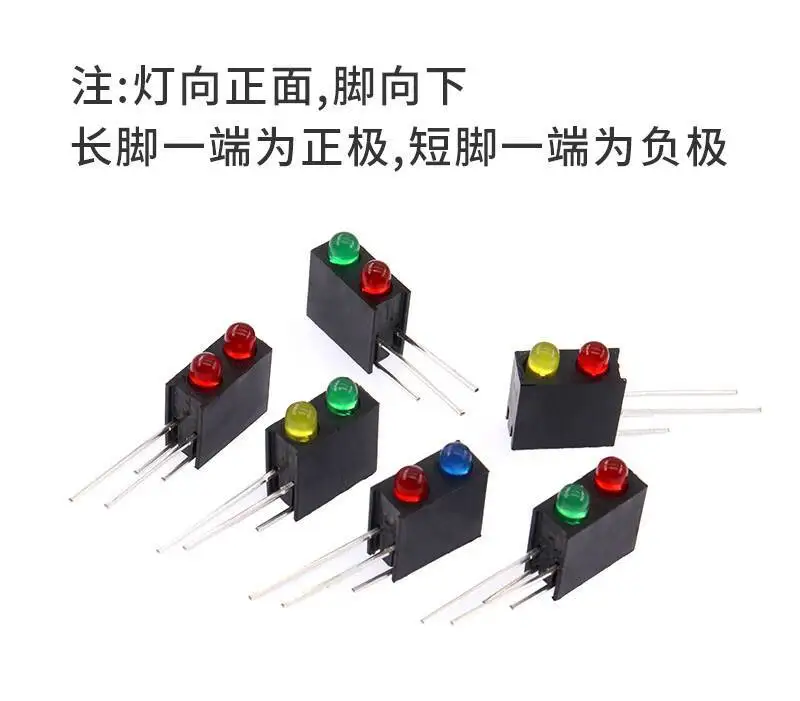 10 Stück 3-mm-LED-Lichtsockel mit Schalter, Kontrollanzeige, fest montiert, F3, Doppelloch, links positiv und rechts negativ, rot, gelb, blau, grün – Detail 2