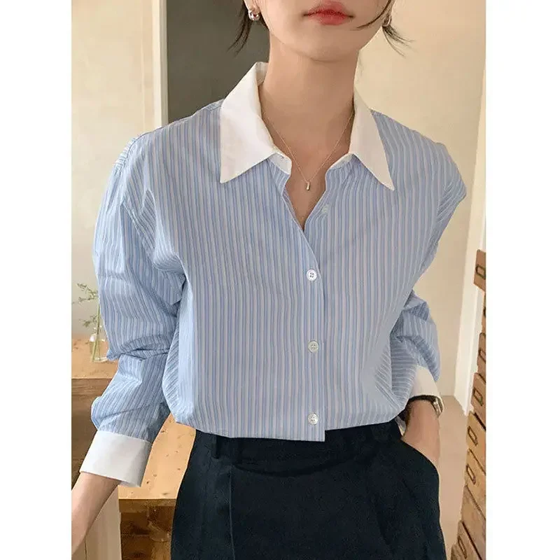 2024 New Blue Striped Blouses Women Korean Style Chic Elegant Office Look Casual Long Sleeve Shirts Pink Top Female Wear To Work