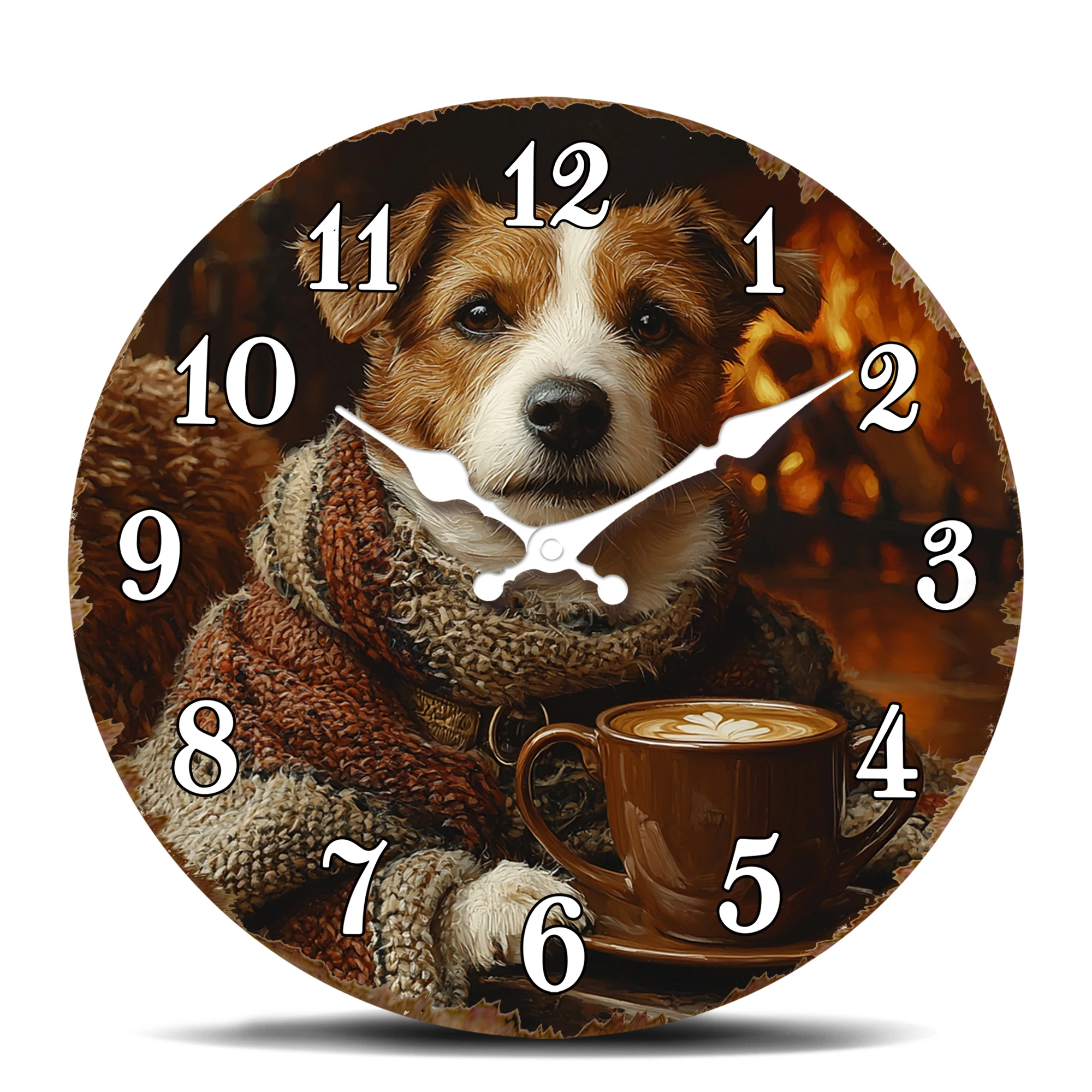 Cozy Dog with Coffee Wall Clock - Warm Beverage Lover Pet Decor, Autumn Winter Home Office Art Timepiece