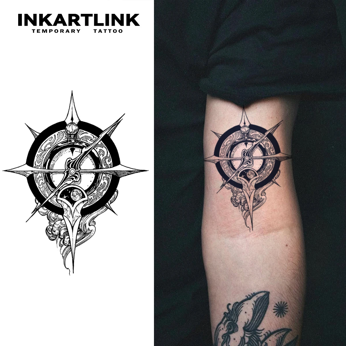 Compasse temporary tattoo sticker, waterproof magic tattoo, lasts to 15 days fake tattoo, semi permanent tattoo