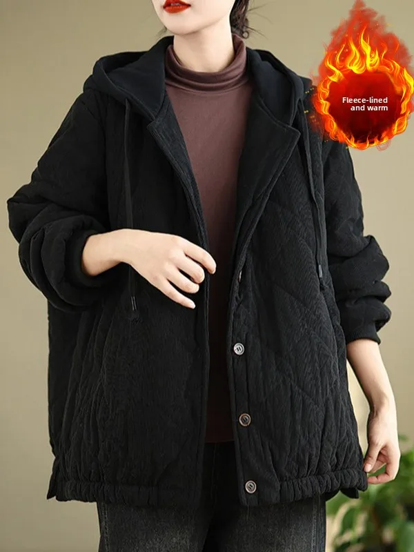 

Thiened Corduroy Jaet с капюшоном Pure Color Fce Женское хлопковое пальто больших размеров в стиле ретро, повседневное длинное све, осень-зима...