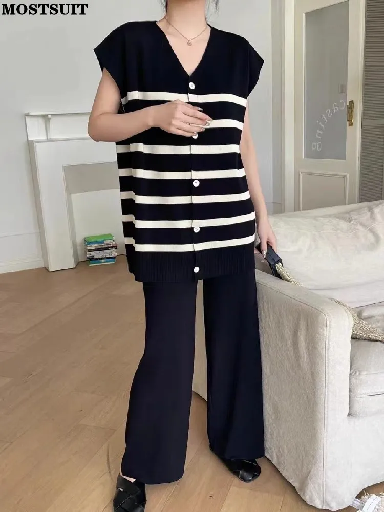 Vintage Loose Knit 2 Piece Pant Set Women Outfits 2023 Summer V-neck Striped Cardigan & Wide Leg Pants Suits Korean Elegant Sets