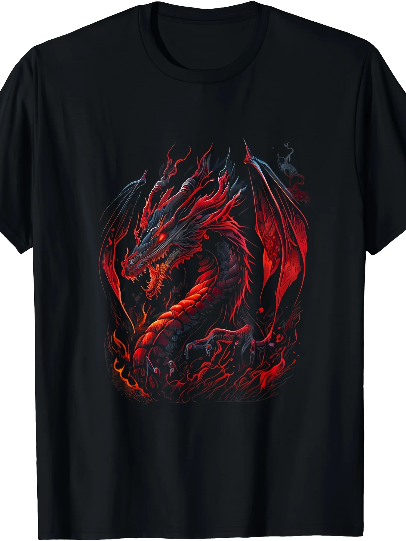 Men'S Red Firedrake Dragon Graphic T-Shirt - Black Casual Short Sleeve Tee with Vibrant Dragon Artwork, Machine Washable, Round Neck Design, Beach & Sports, Outdoor Clothing | All-Season Casual Wear Labour Day