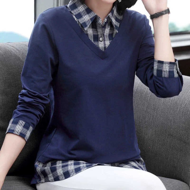 Women\'s Clothing T-shirt Polo-Neck Long Sleeve Spring Autumn Fake Two Pieces Office Lady Elegant Plaid Button Spliced Pullovers