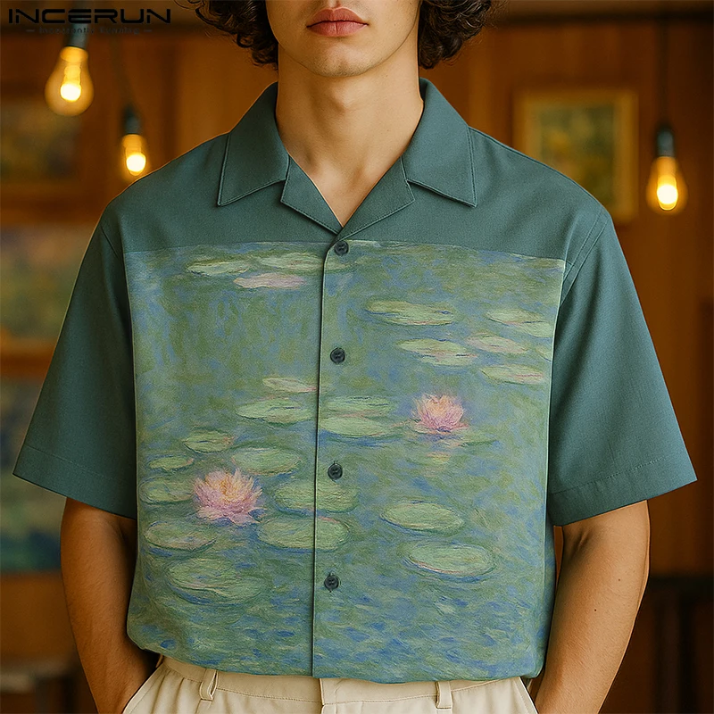 

INCERUN Men Shirt Printing Patchwork Lapel Short Sleeve Summer Men Clothing Streetwear 2025 Loose Fashion Casual Tops S-5XL