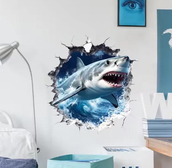 Broken‑Wall Great White Shark Wall Sticker Size 30x30cm Realistic Wall‑Breaking Visual Effect Fierce Shark Decal