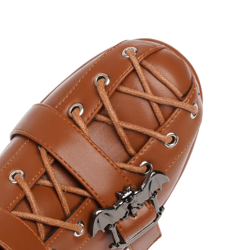 SIMLOVEYO Women Fashion Boots Round Toe Chunky High Heels 11.5cm Platform Lace Up Belt Buckles Size 44 45 46