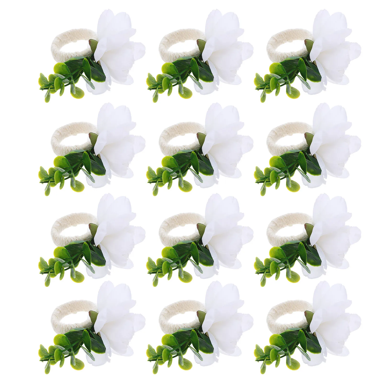 

12pcs Artificial Flower Rings Greenery Leaves Rustic Floral Serviette Buckles Farmhouse Wedding Party Holiday Dinner Decorative
