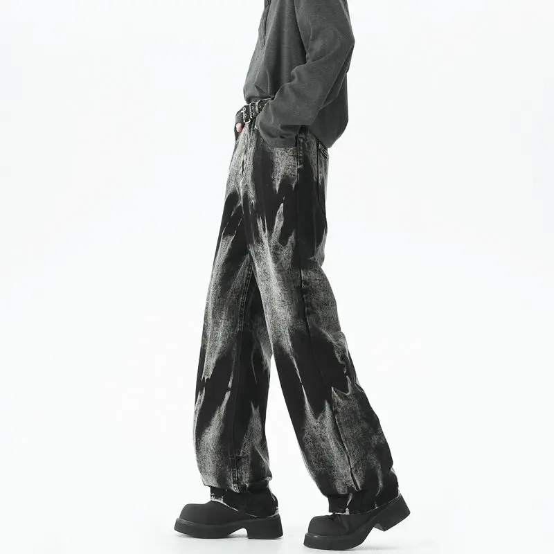 Jesienne męskie szerokie jeansy baggy w stylu high street, barwiony denim, casualowe proste neutralne jeansy baggy w stylu neutralnym, modne i uniwersalne.