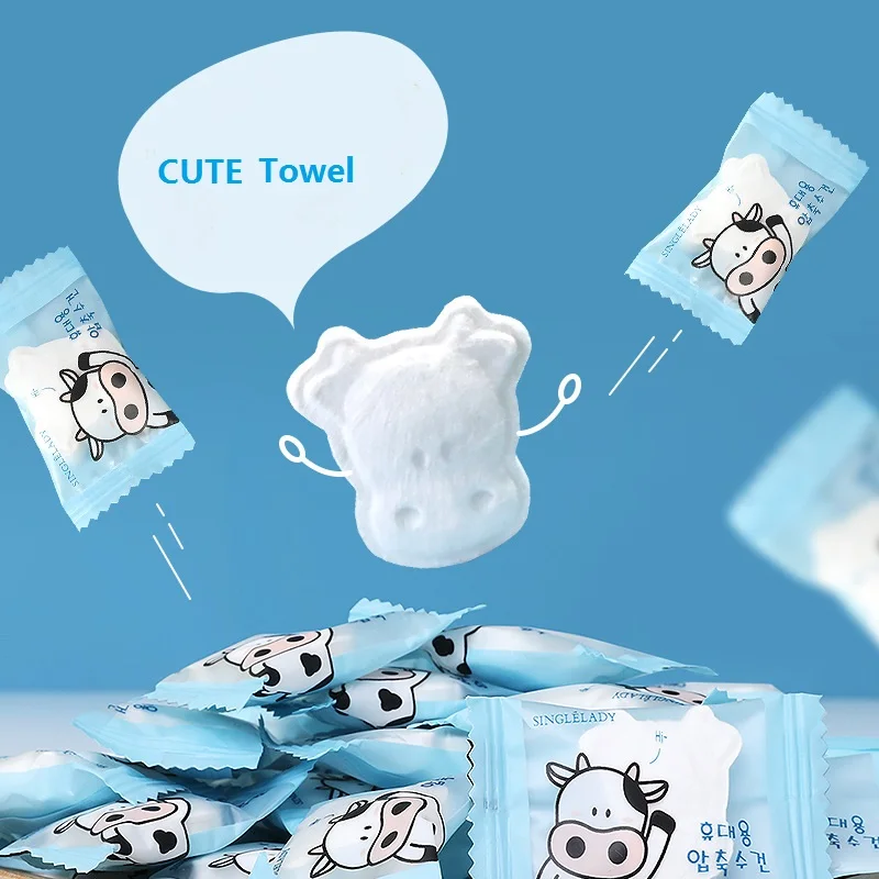 50pcs Cute Cow Disposable Towel Compressed Portable Travel Non Woven Towels Outdoor Wipes Face Wash Wipes