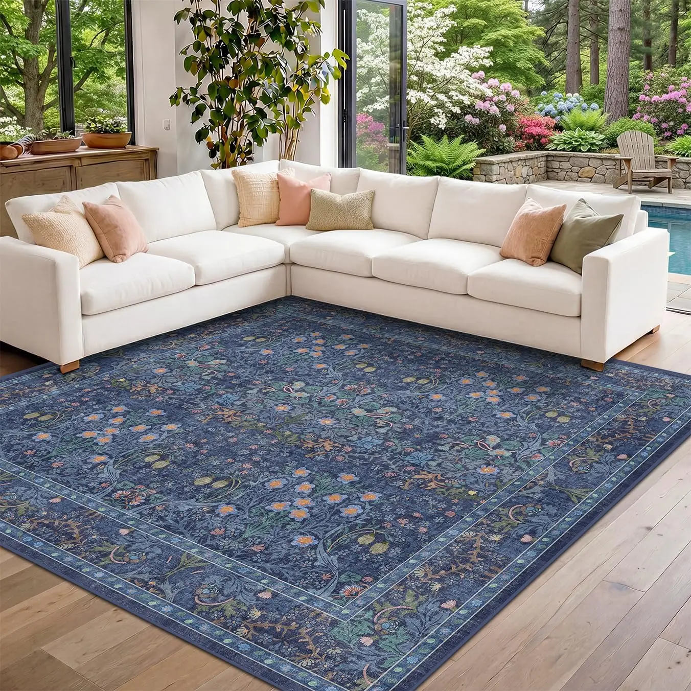 Dark Blue Square Boho Carpet Washable Non Slip for Living Room Dining Bedroom Under Bed Entryway Home Decor Area Rug Floor Mat