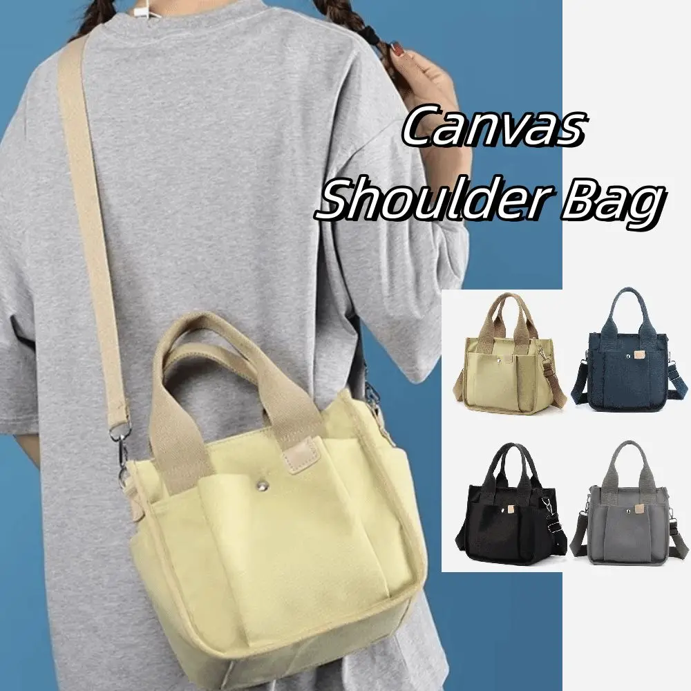 Multi-pocket Japanese Style Crossbody Bag Handheld Zipper Canvas Shoulder Bag All-match Large Capacity Solid Color Tote Bag