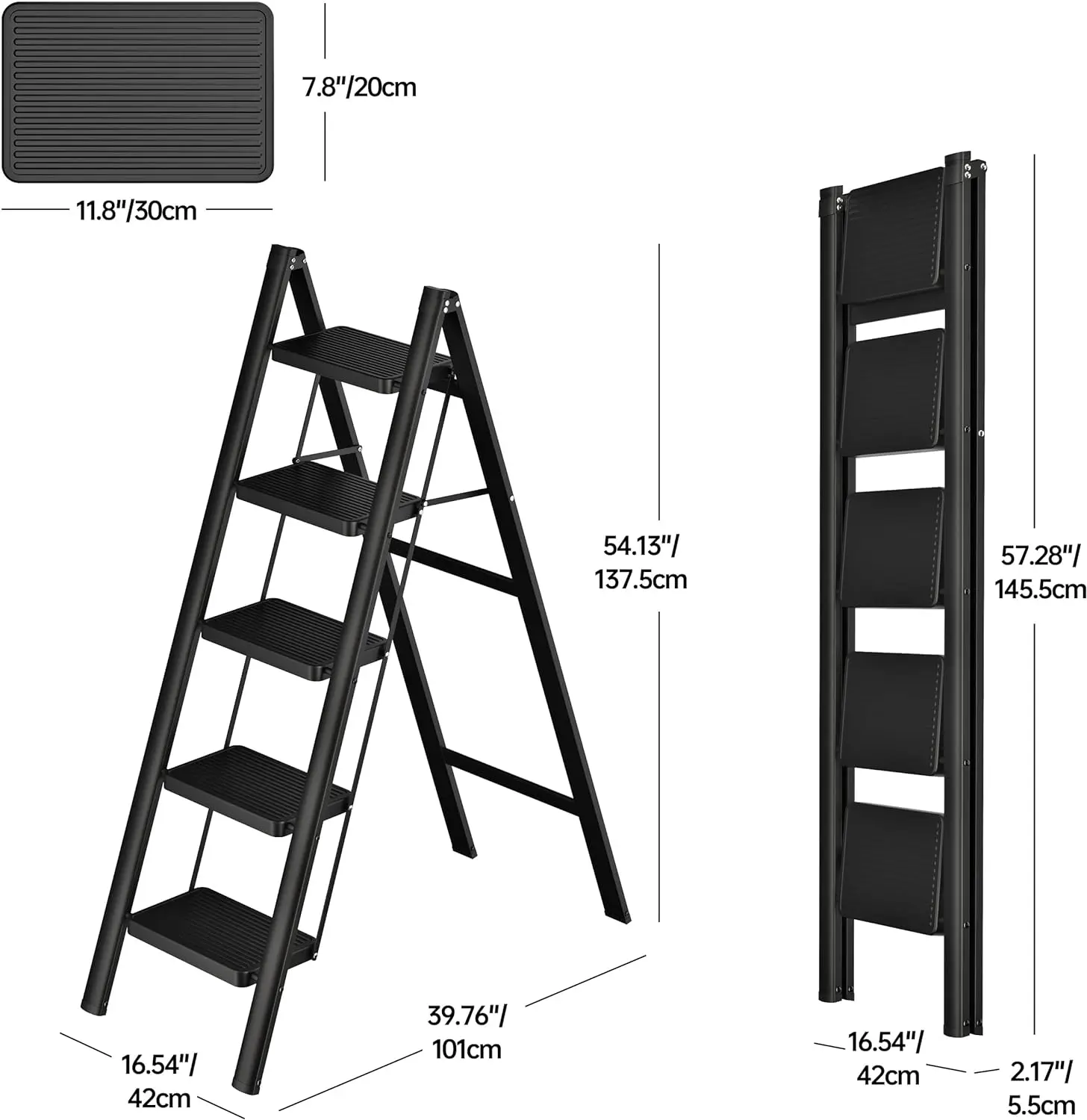  5 Step Ladder Lightweight Folding Step Stool with Anti-Slip Pedal 600 lbs Portable Sturdy Steel Ladder for Adults Black