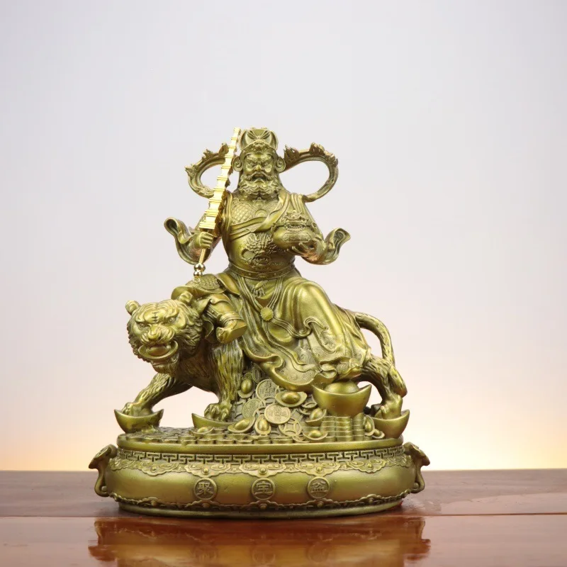 Bronze Martial God Of Wealth, Zhao Gongming Riding A , Treasure Basin, Dragon And Tiger Altar Statue, Antique Collection