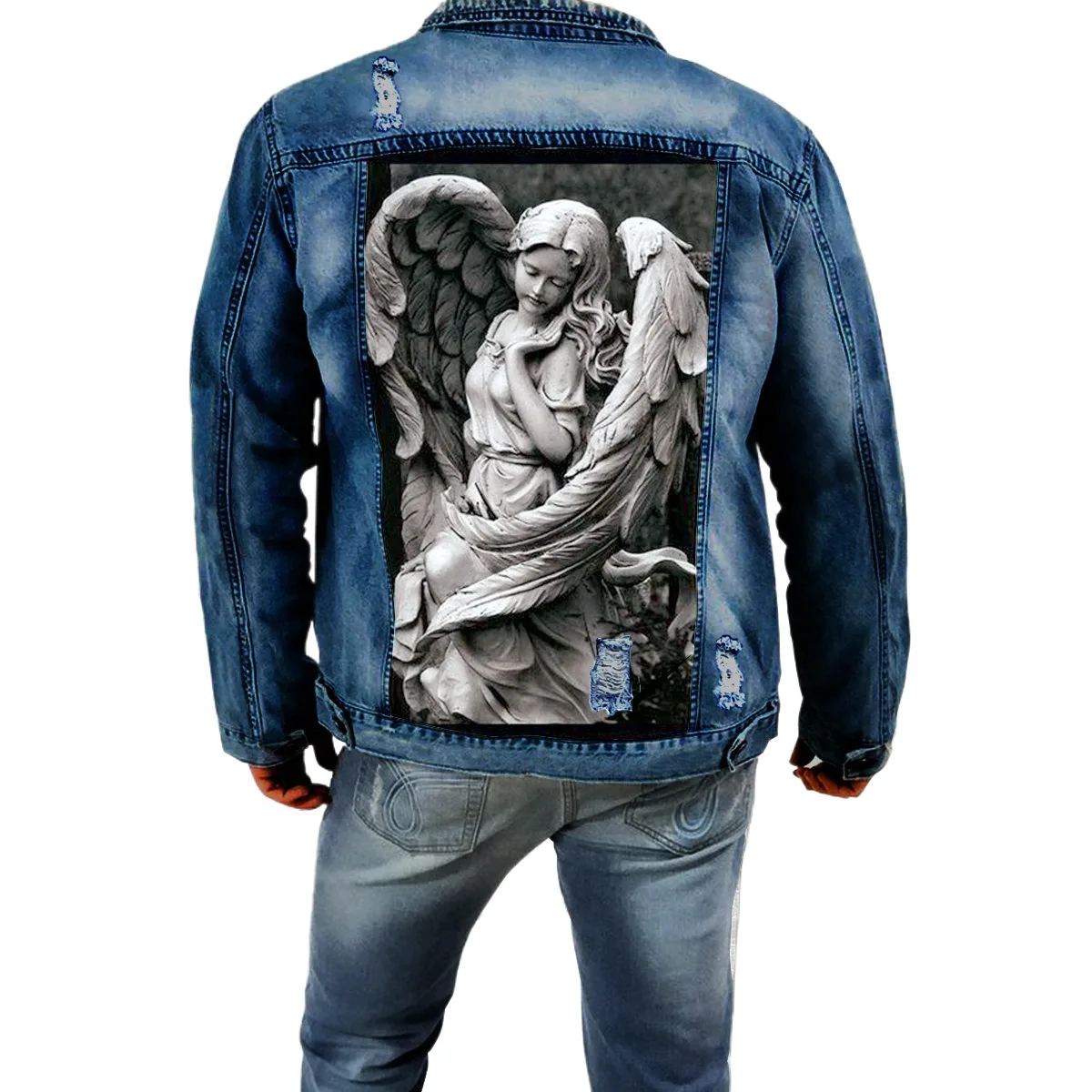 Men's Fashion High Street Ripped Jeans Jacket Streetwear Printed Denim Coat With Holes Washed Distressed Cowboy Outerwear