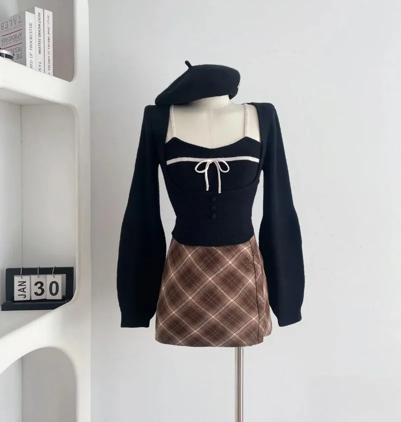 سترة نسائية جديدة من Shoujo Gir مكونة من قطعتين سترة قصيرة بأكمام طويلة ملابس تريكو محبوبة 2000s كورية Gyaru Old Money Mori