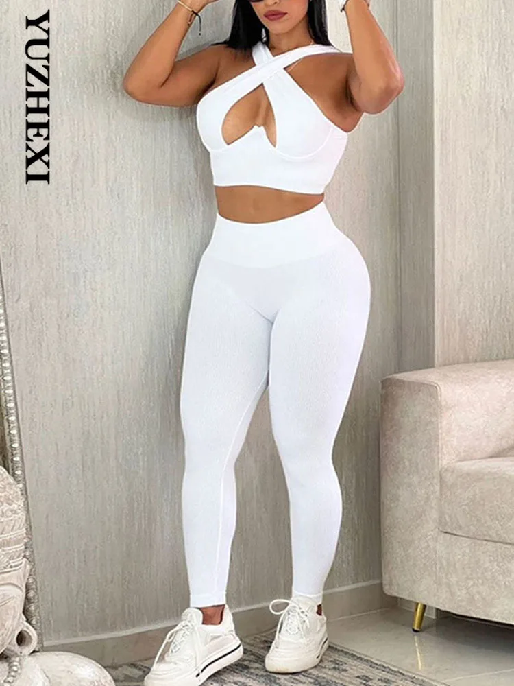 

YUZHEXI Solid Color Slim Bare Midriff Vest W/ Tight High Waist Knit Pants Two Piece Set Women Activewear Sporty Gym Suit