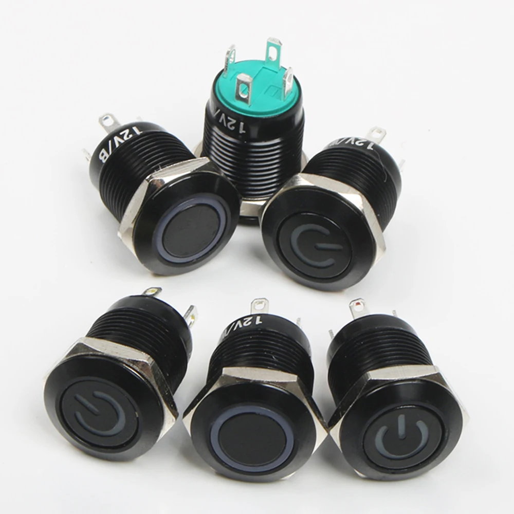 4 Pin 12mm LED Light 3V 5V 6V12V 24V 220V Metal push button Switches Momentary auto reset waterproof Ring Flat power mark Short