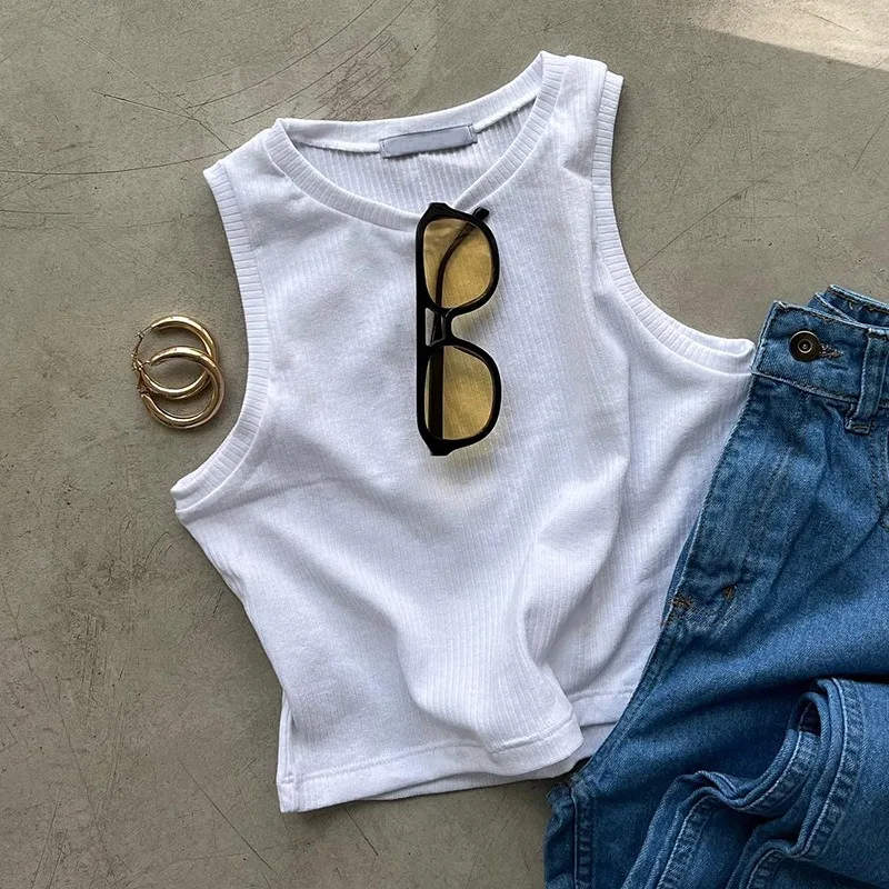 Elegant Chic Solid Tanks Tops Women Clothes Summer 2026 New Striped See Through Hollow Out Sleeveless Elastic Club Party Vest