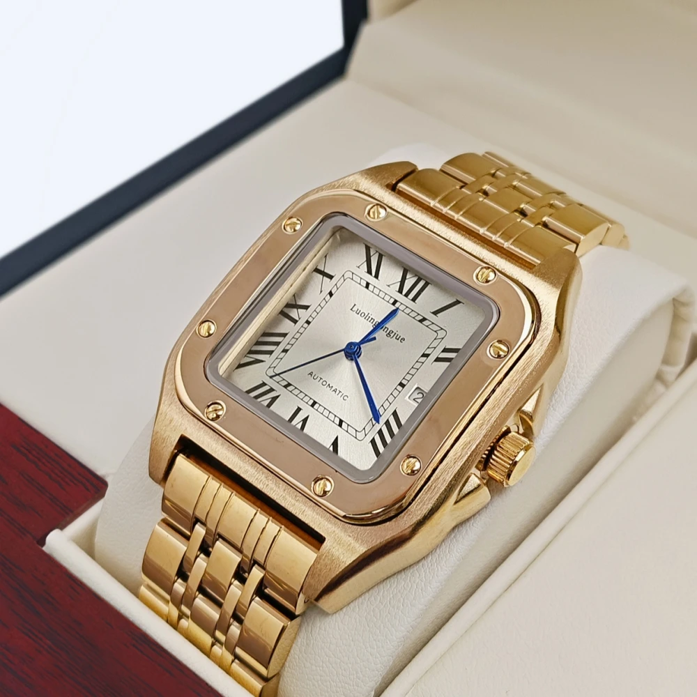 ساعة ميكانيكية رجالية مربعة أصلية جديدة عالية الجودة، لف تلقائي، تصميم هيكل عظمي، حزام من الفولاذ المقاوم للصدأ، مع عرض التقويم، سلسلة تانك على الطراز الأوروبي والأمريكي، ساعة رجالية عصرية للأولاد في عيد الحب