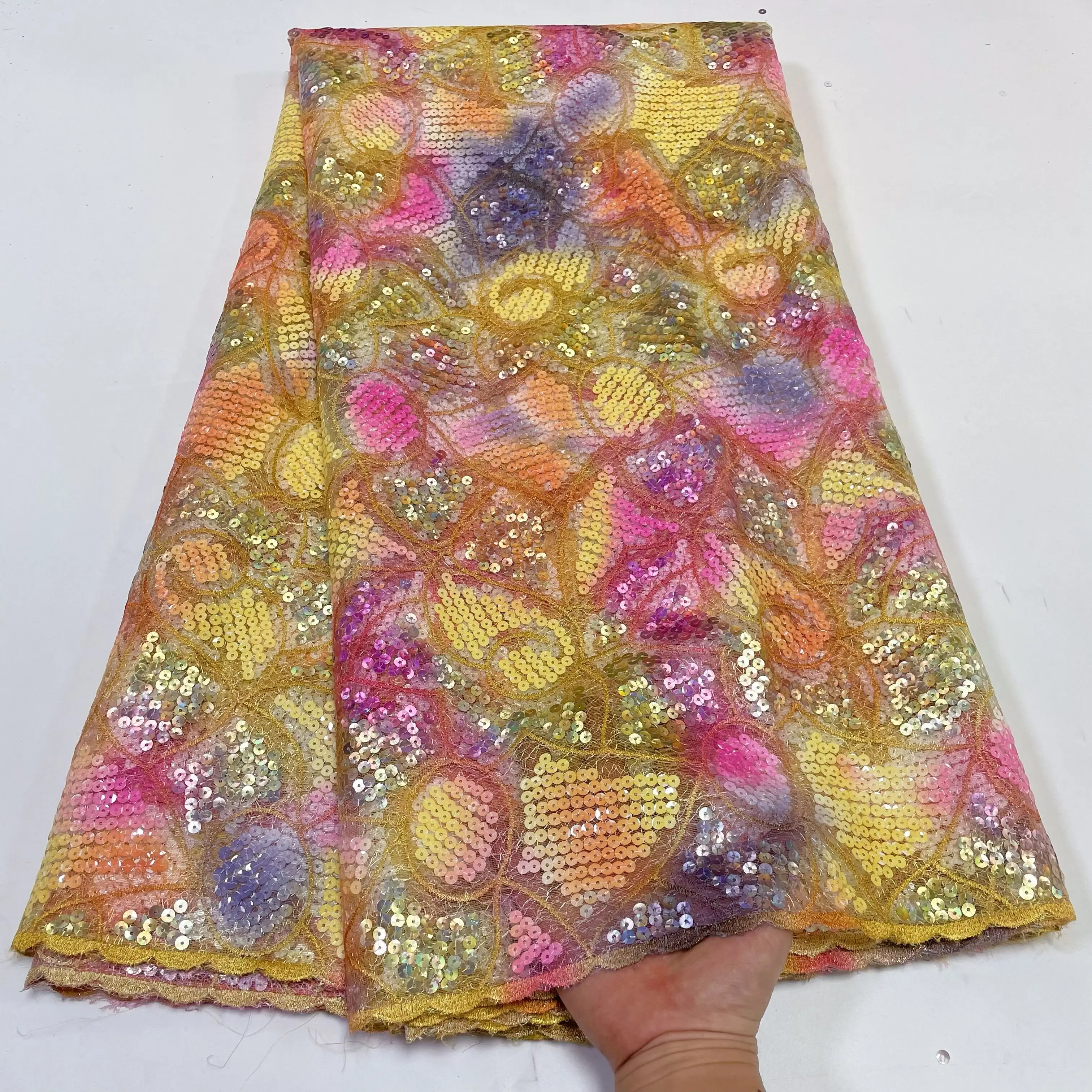 Yellow and Pink African French Nigerian Printed Multicolor Sequins Tulle Embroidery Nigerian Mesh Lace Fabrics For Dress