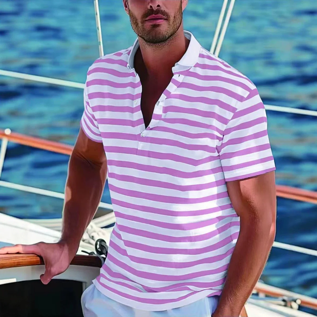 Men's Short-sleeved Men's POLO Shirt Striped Casual Top Hawaiian Men's Polo