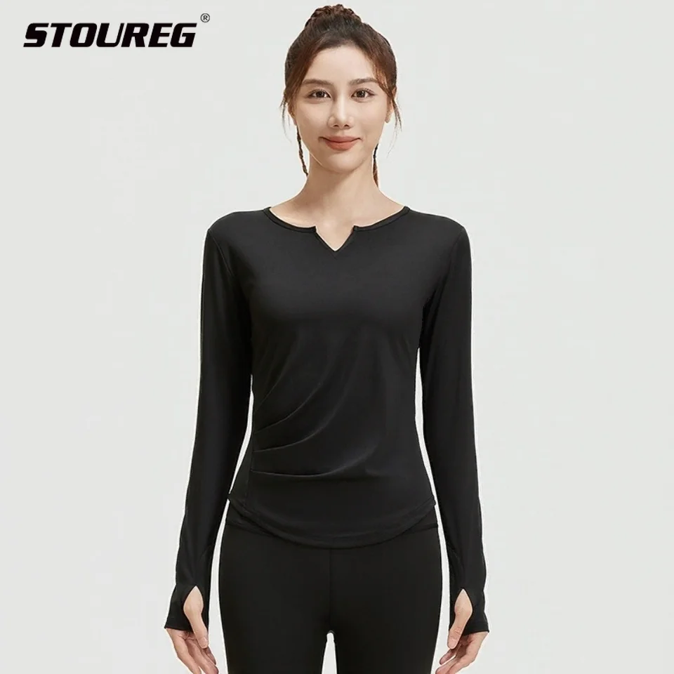 

STOUREG Женская футболка для бега на открытом воздухе с v-образным вырезом и длинными рукавами, телесного цвета, рубашка для йоги, плиссированный, облегающий спортивный топ