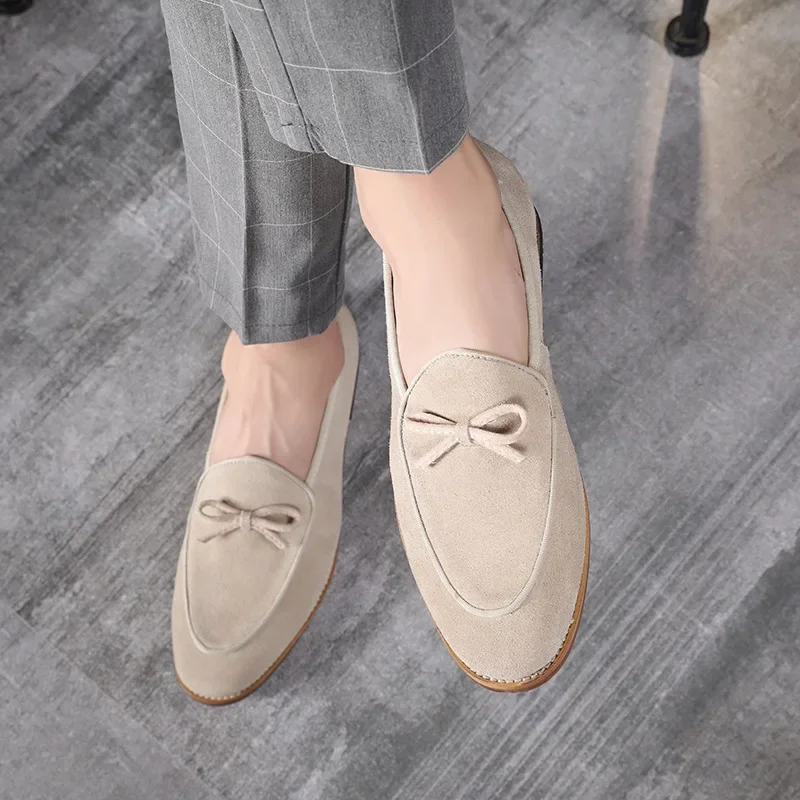 PopMen حذاء كاجوال Nubuck جلد أصلي للرجال عصري Bowknot حفل زفاف المتسكعون الشقق رجالي القيادة الأخفاف EUR مقاسات 38- #4