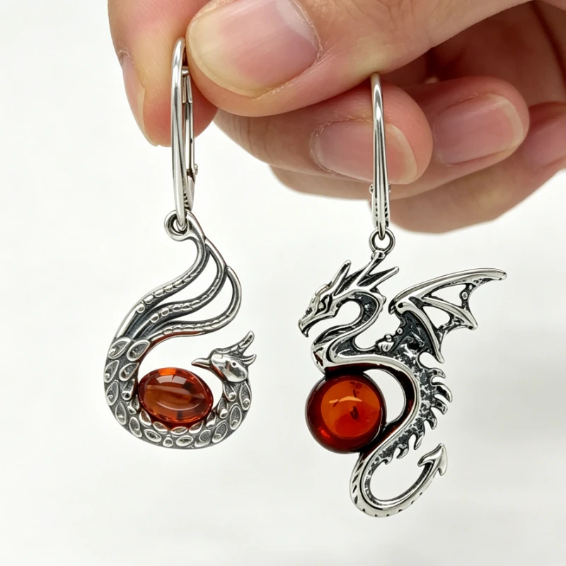 Personalized Gothnic Style Dragon Phoenix Silvery Dangle Earrings Women's Vintage Delicate Synthetic Amber Festival Jewelry Gift