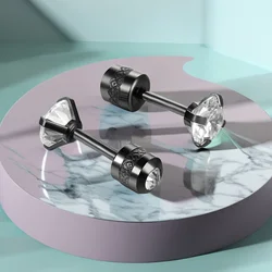 1 Pair Black Titanium Stainless Steel Cubic Zirconia Round Screw Back Stud Earrings Piercing Ear Jewelry For Men Women 3-8MM