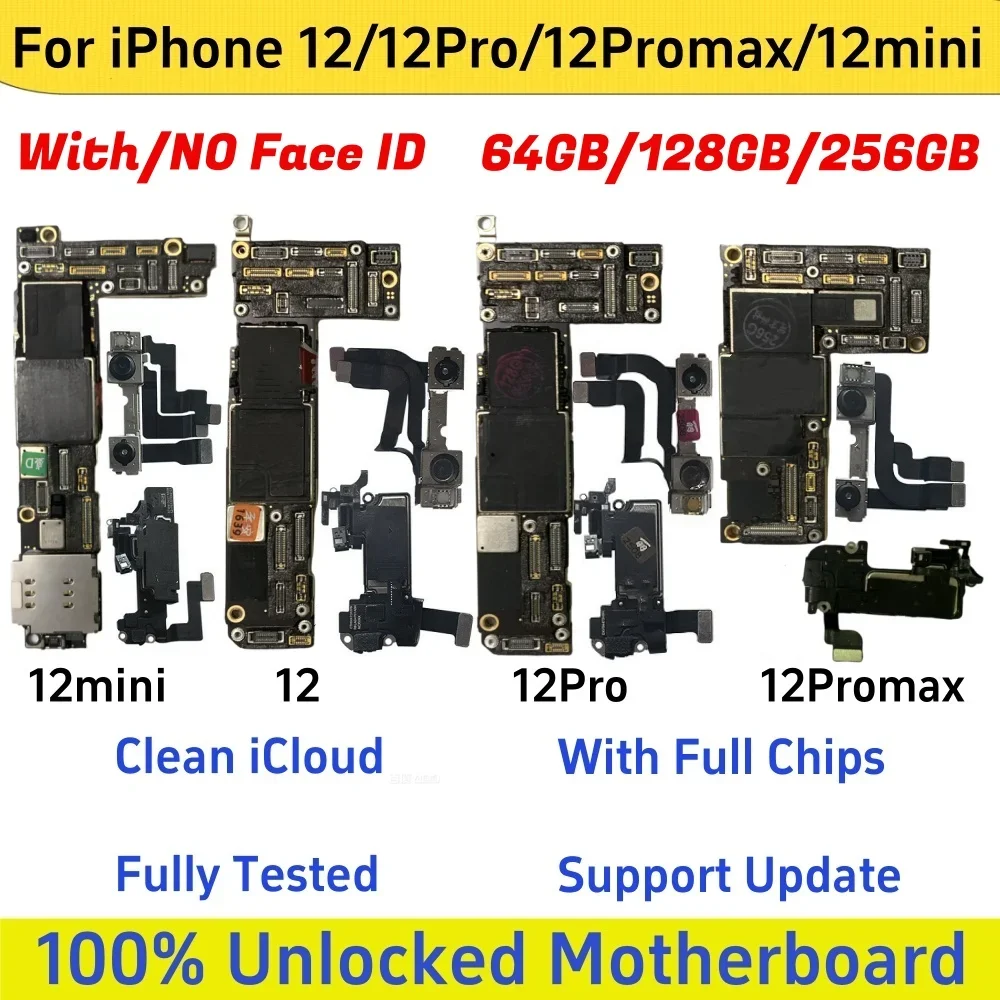 Placa base iCloud limpia probada para iPhone 12 Pro Max placa base desbloqueada con/sin identificación facial soporte actualización 12 mini placa lógica