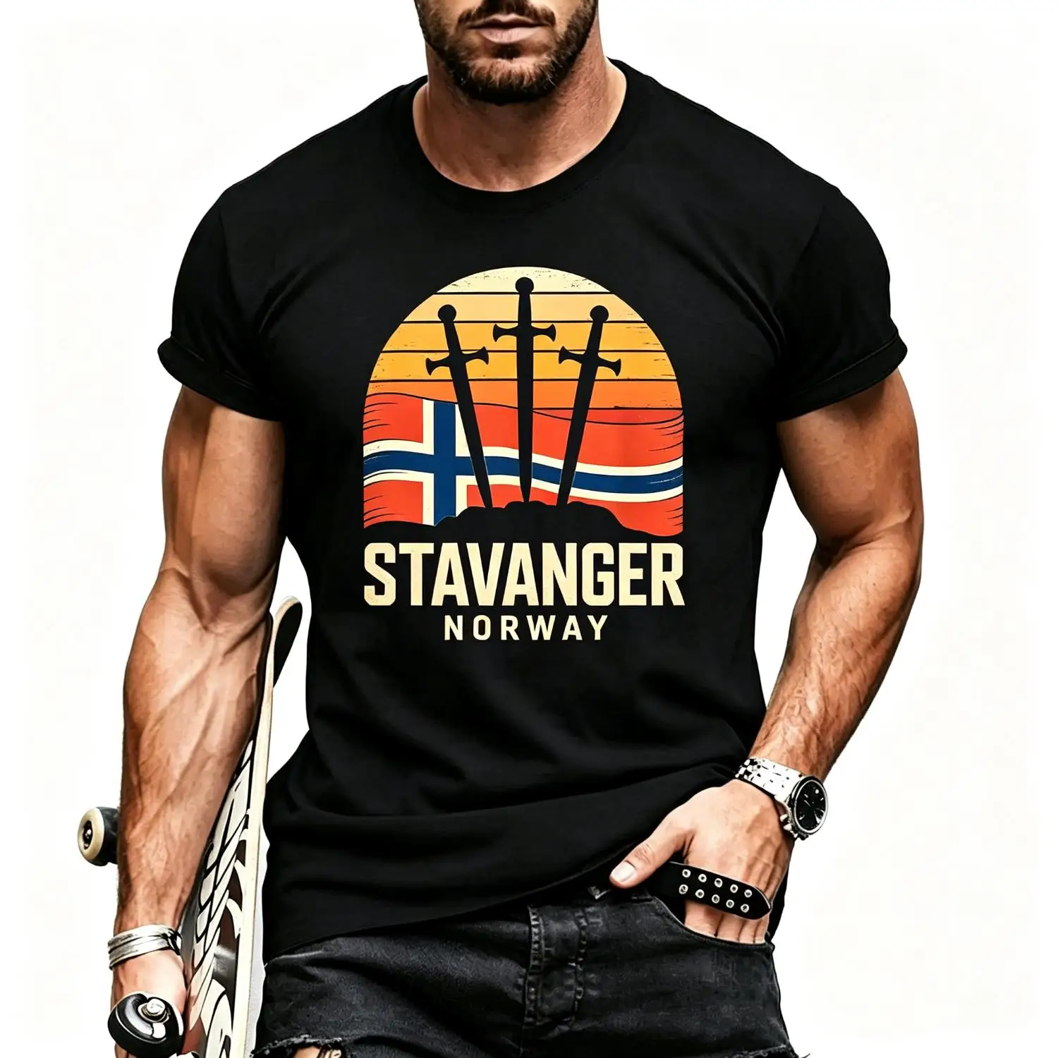 Stavanger Norway Viking Swords Retro Sunset Tee T-shirts Top