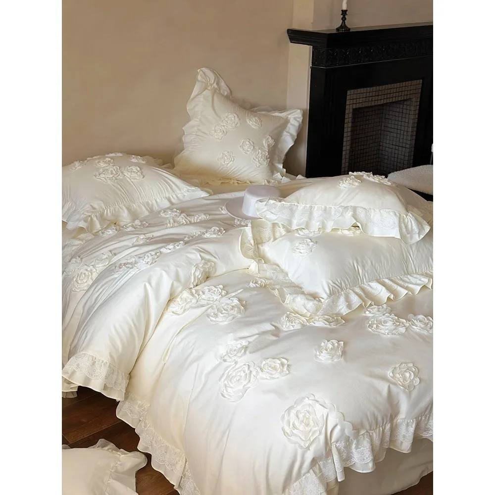 4Pcs French Princess Style 100% Cotton Solid Color Three-dimensional Rose Lace Bedding Duvet Cover 200x230 220x240 Four Seasons