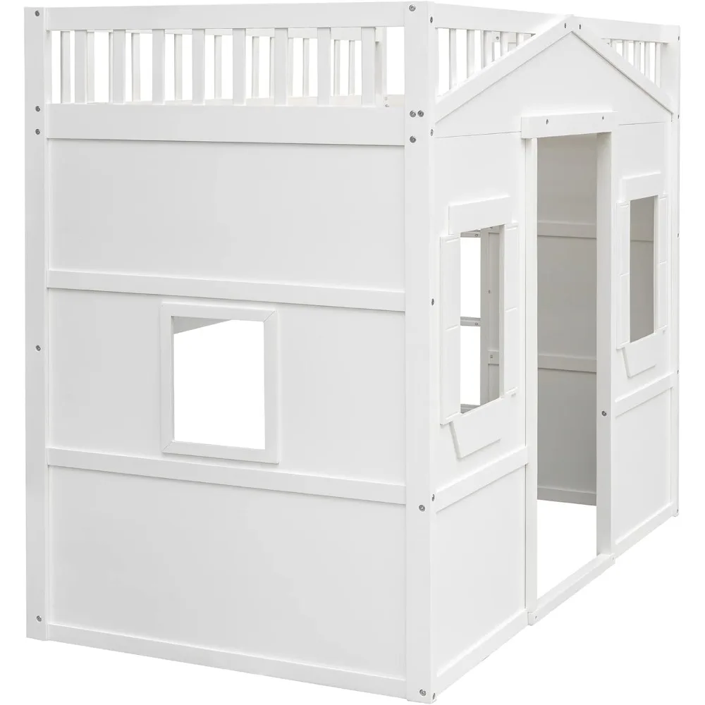 سرير علوي مزدوج الحجم من MERITLINE للأطفال، إطار سرير خشبي مرتفع مع سلم جانبي، مساحة تحت السرير مقاس 51.6 بوصة يمكن تخزينه أو #5