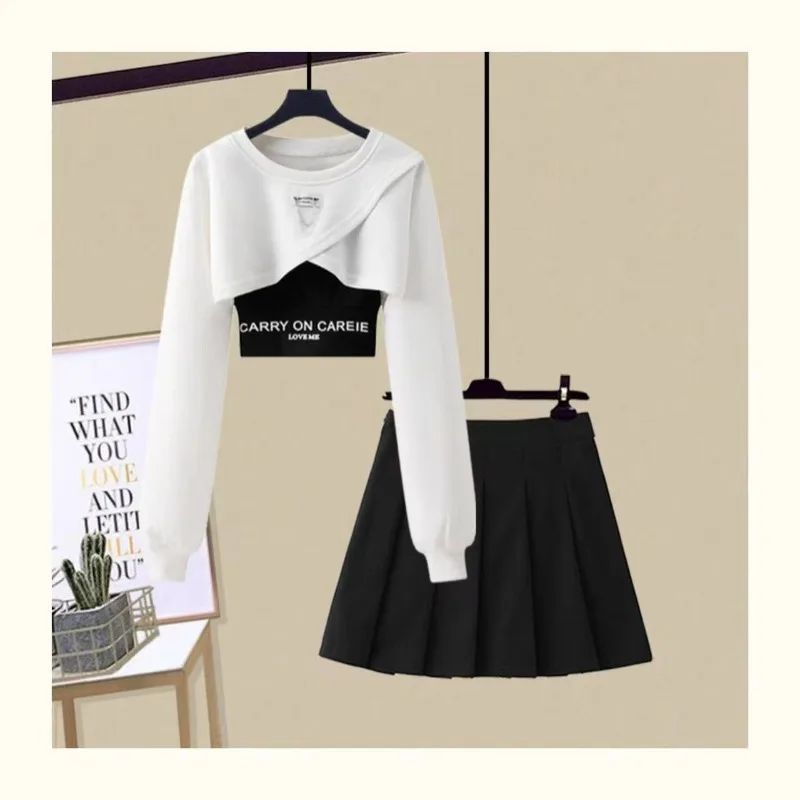 

Girl's Spring/Summer New Chic Pleated Skirt Matching Set 2025 Korean Elegant Short Long Sleeve Hoodie+Strap+Dress 3-Piece Suit