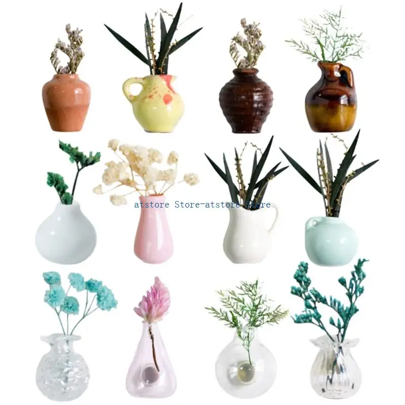 

H37D Pack of 12 Miniature Decorative Vase Magnets for Refrigerator Storage Flower Pot Ornaments Fridge Sticker