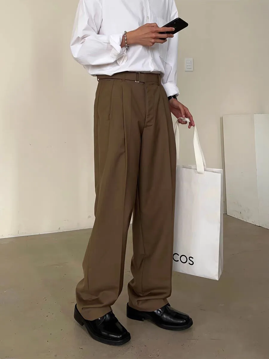 ルーズストレートレッグメンズワークウェアパンツパリバックルデザインカジュアルスーツパンツ若々しい活力スタイルオールシーズンベーシックカラー