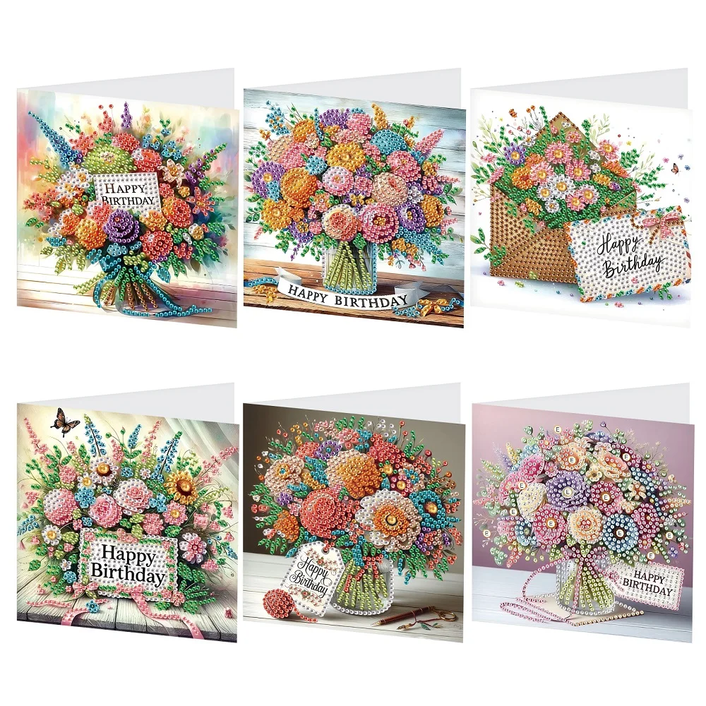 

6Pcs Diamond Art Painting Greeting Cards Kits,flower bouquet Diamond Art Crafts With Envelopes Diamond Cards For Celebrations