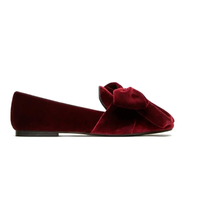 Fashion Big Bowtie Burgundy Velvet Loafer Shoes Butterfly Knot Flats Shoes Woman Comfortable Slip On Single Shoes