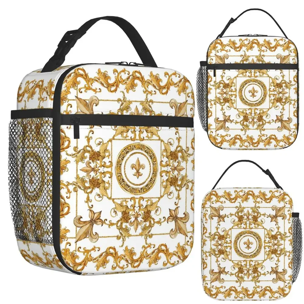 Golden Baroque And Damask Ornament Insulated Lunch Bag for Women Office Cooler Thermal Food Box Tote Lunch Boxes Container