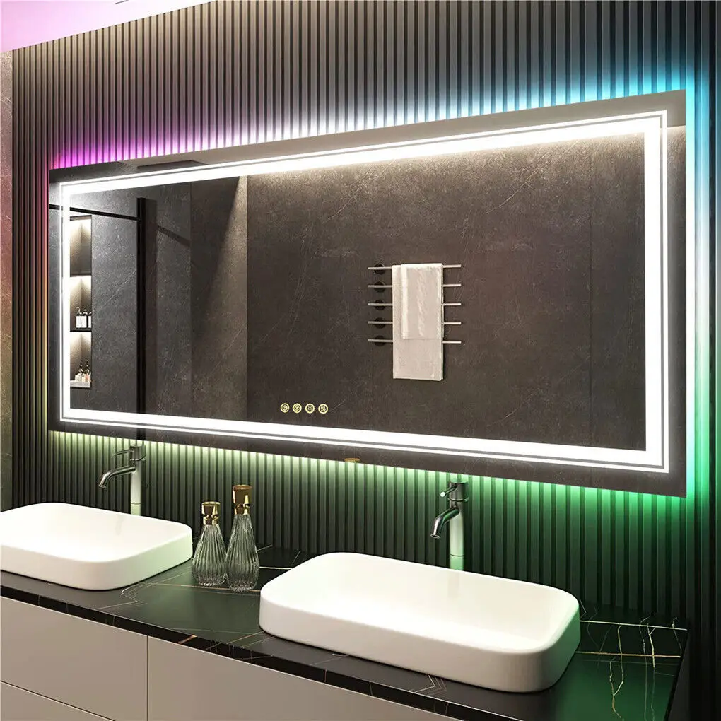 Espejo de baño LED Espejo de tocador de pared rectangular regulable con retroiluminación de 8 RGB 3 colores frontal antiniebla, memoria