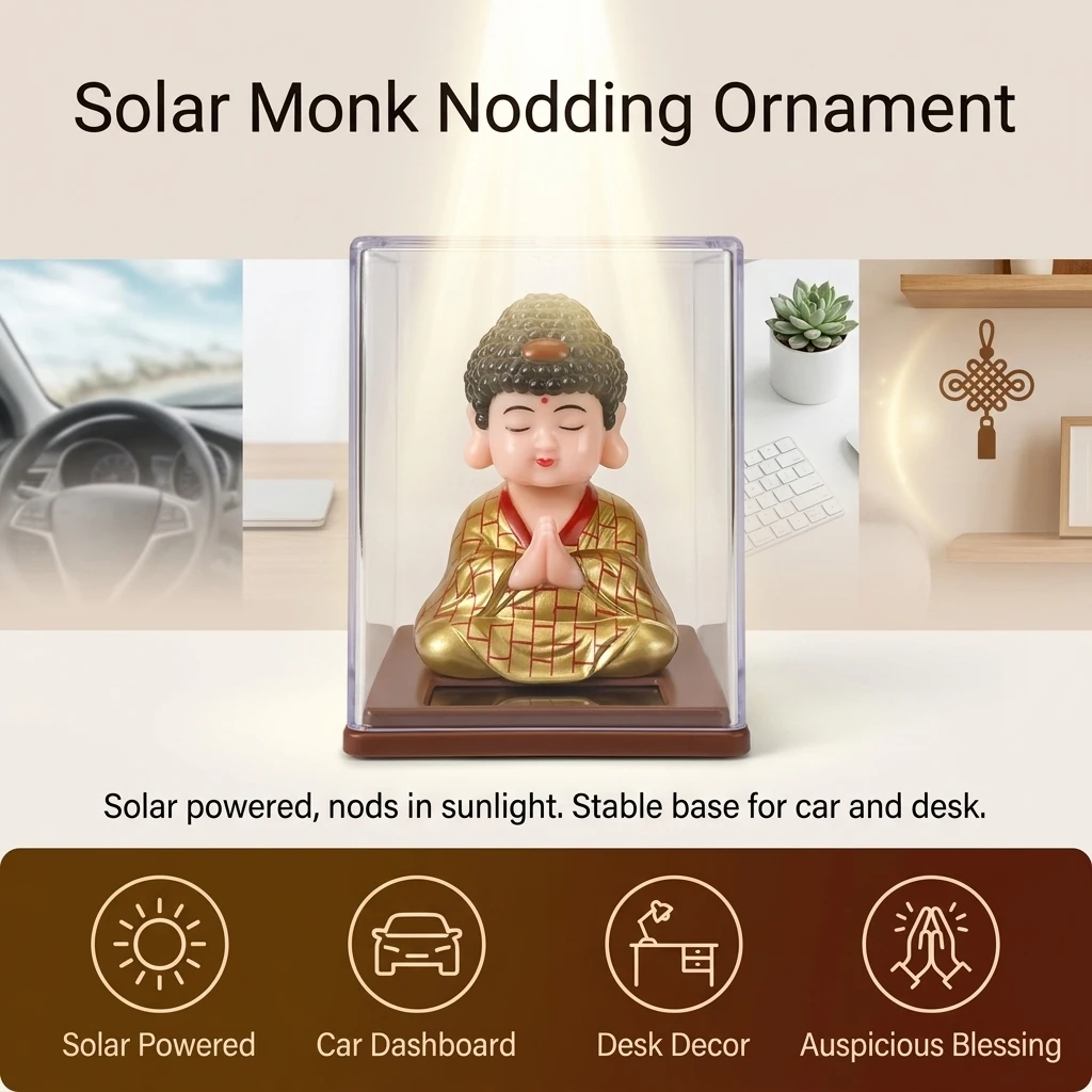 1pc Solar Nodding Little Monk Car Ornament New Year Christmas Car Decoration Mini Buddha Desktop Ornament Good Luck Gifts