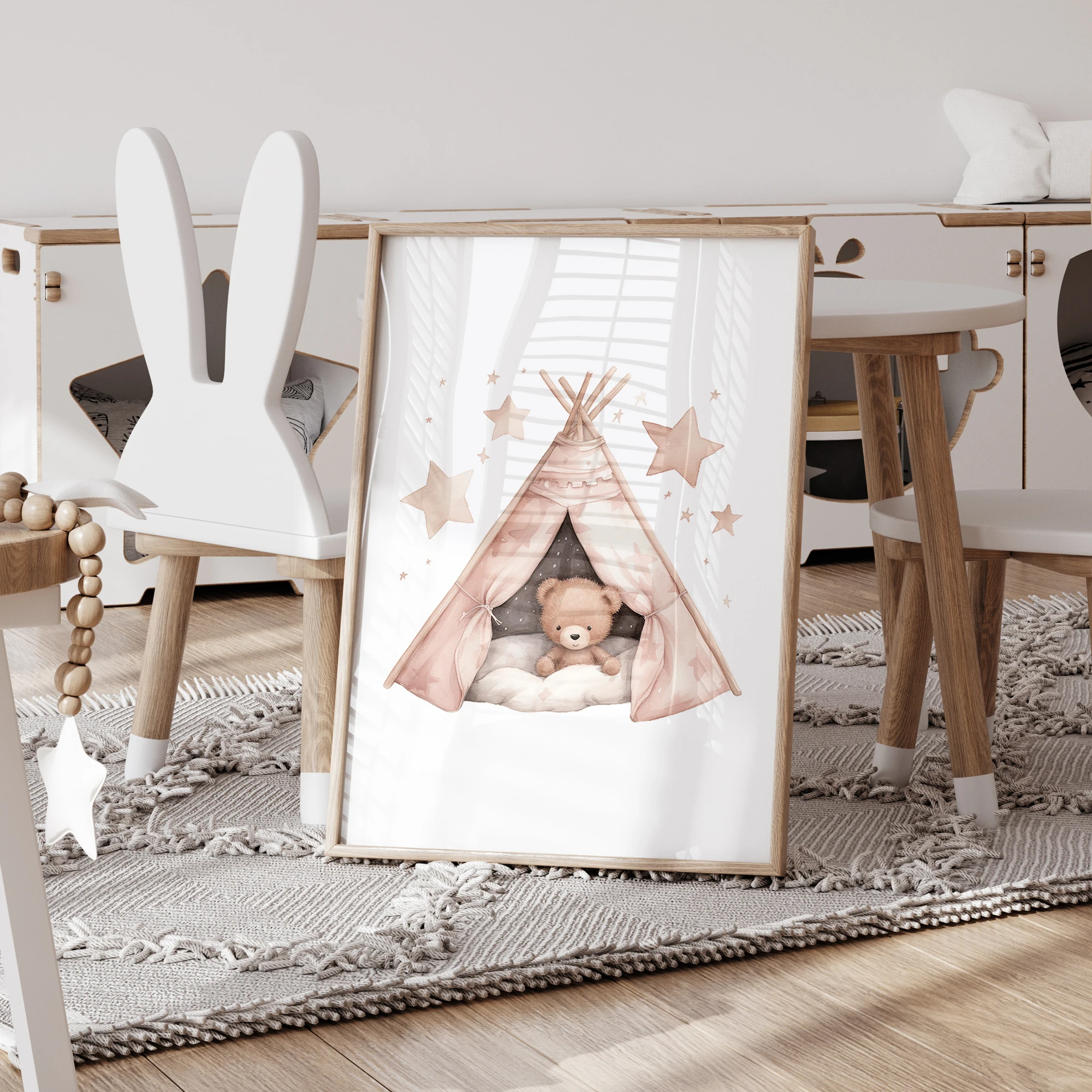 3pcs Personalized Custom Name Cartoon Pink Bear Wall Art Print Picture Canvas Poster Painting For Living Child Room Home Decor