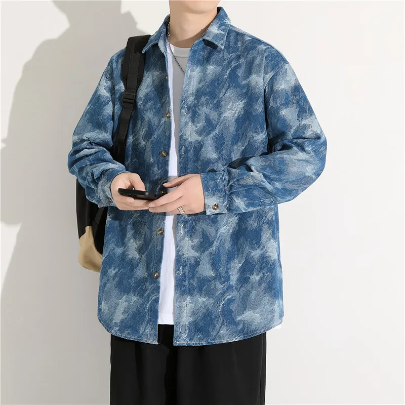 

Loose Men's Long Sleeve Shirt Spring Autumn Tie Dye American Casual High Street Handsome Hong Kong Style Cotton Polyester Blend