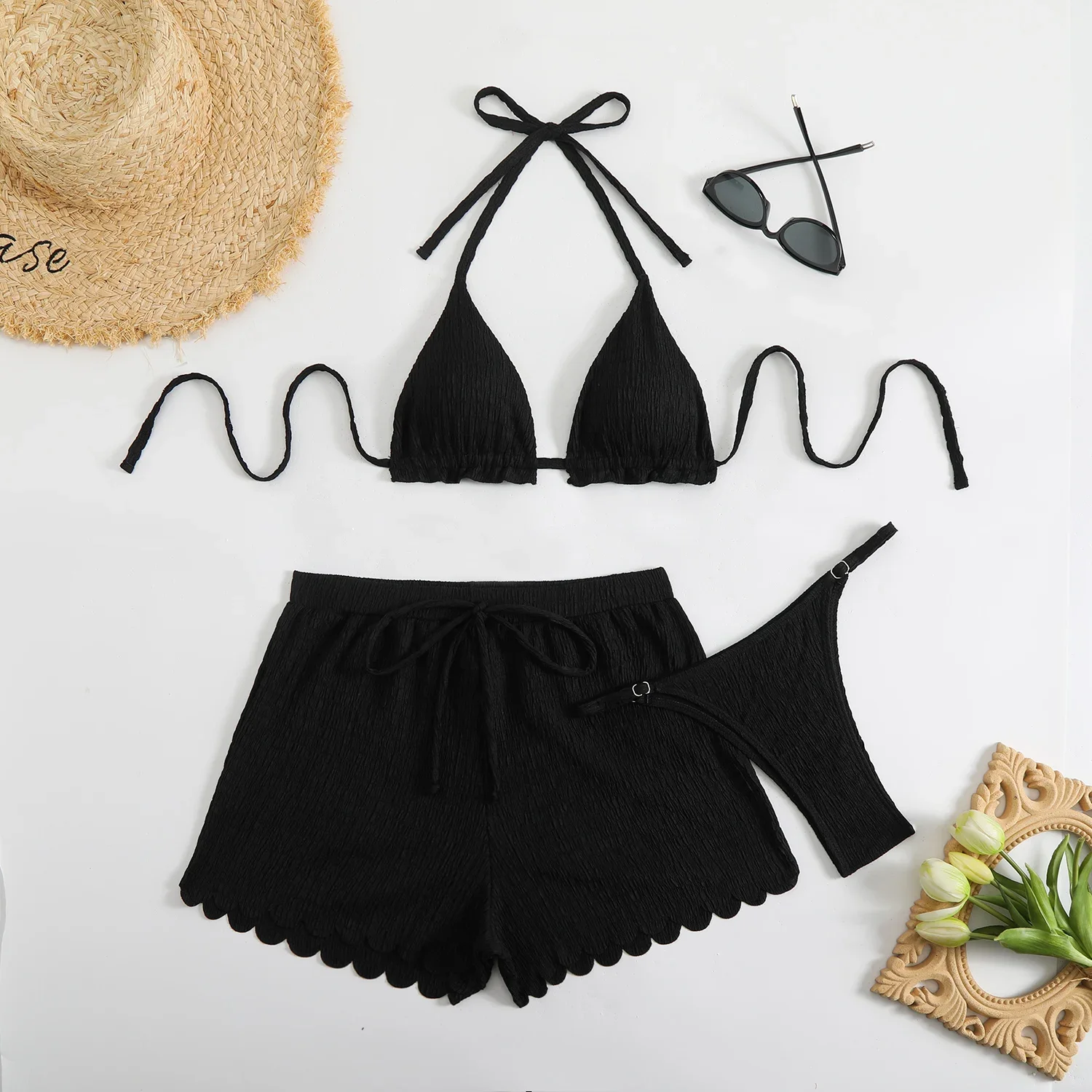 3 Pieces Triangle String Thong Bikini 2025 Women Halter Swimsuit Solid Sexy Swimwear Female Bathers Bathing Swimming Swim Suit